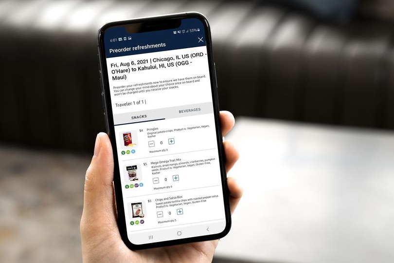 United Airlines' customers – no matter what cabin of service they're flying in – can now use the airline's mobile app and website to pre-order meals, snacks and beverages, up to five days before they're scheduled to travel. Click to enlarge.