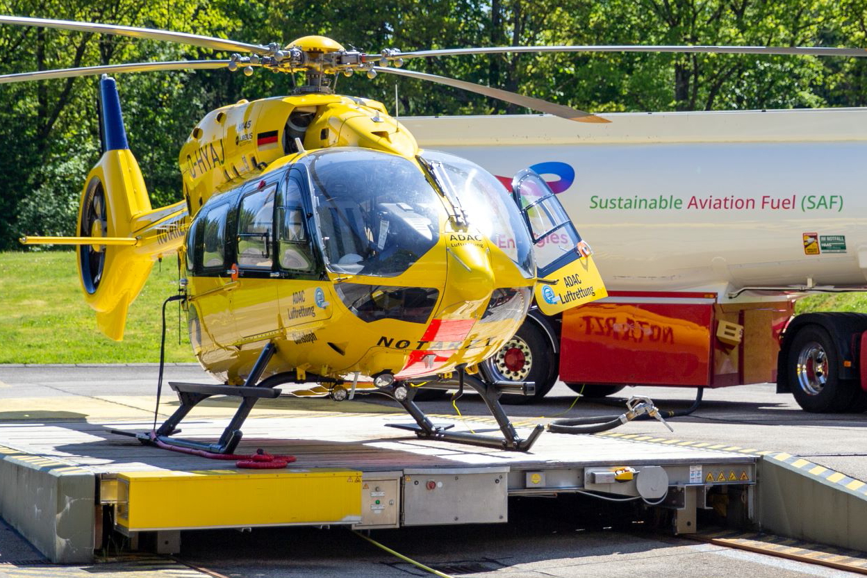ADAC Luftrettung, a German non-profit organization, has flown an Airbus H145 rescue helicopter powered by sustainable aviation fuel (SAF) for the first time. Picture: ADAC Luftrettung, Theo Klein. Click to enlarge.