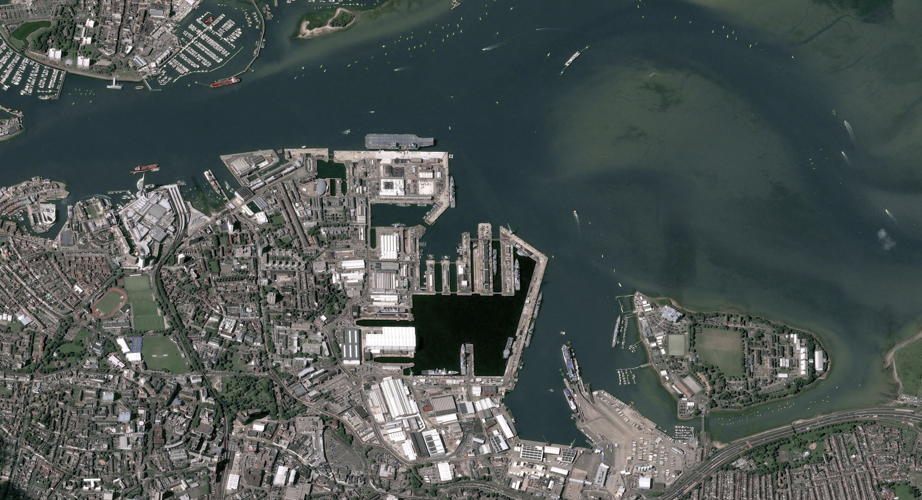 HMS Queen Elizabeth in Portsmouth, UK. Image acquired by Pléiades satellite on 18 August 2017. Picture: Airbus. Click to enlarge.