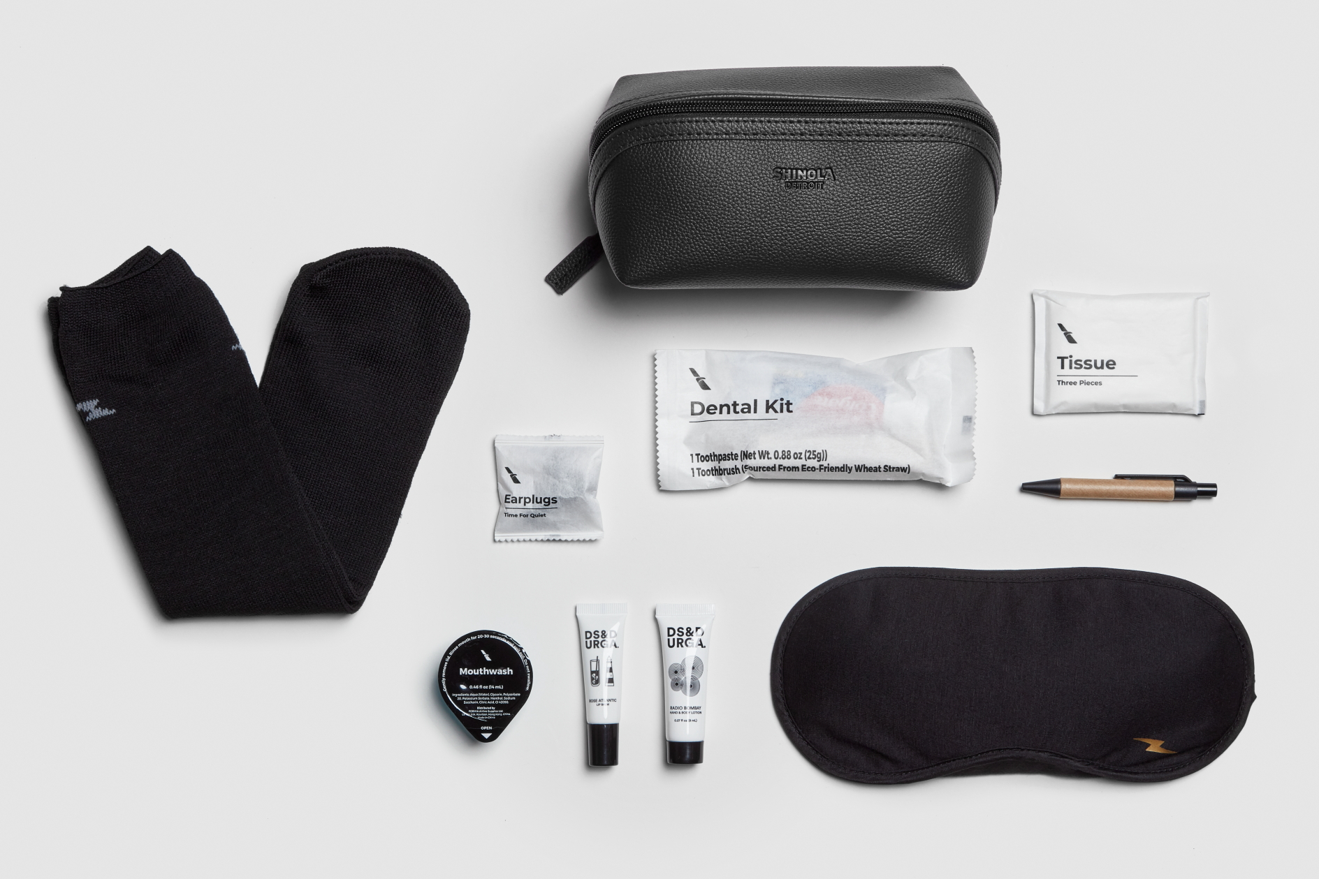 American Airlines Flagship First Kit includes socks, eye mask, lip balm, hand & body lotion, earplugs, dental kit, mouthwash, tissues and a pen. Click to enlarge.