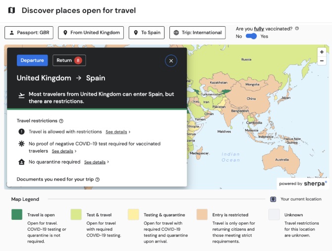 British Airways has created an interactive map that enables customers to check the travel restrictions and entry requirements of any destination the airline flies to. The map, created in partnership with global tech company Sherpa, will also help customers understand what is needed for their return the UK. Click to enlarge.