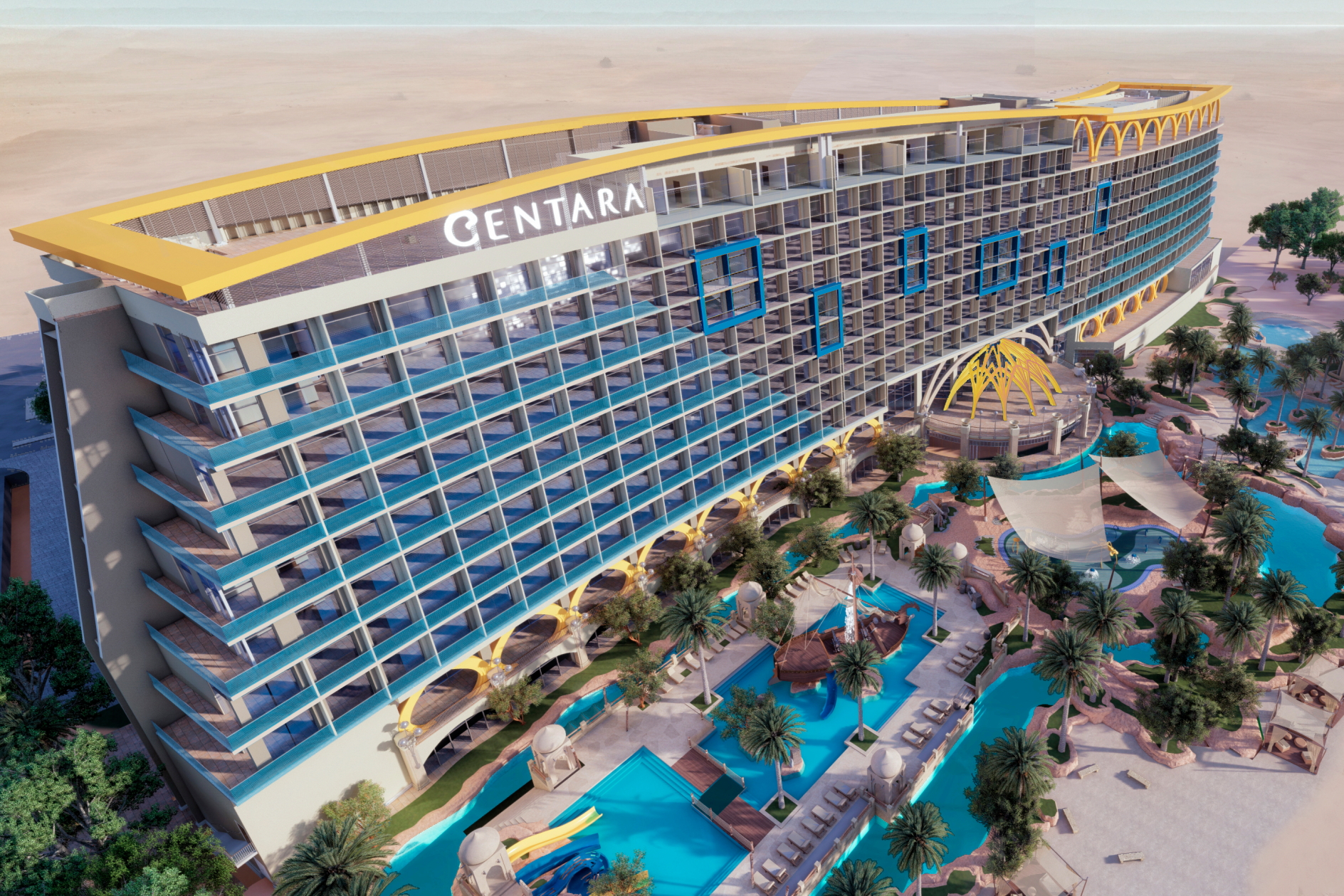 The 607-room Centara Mirage Beach Resort Dubai is scheduled to open on 14 October 2021. Click to enlarge.