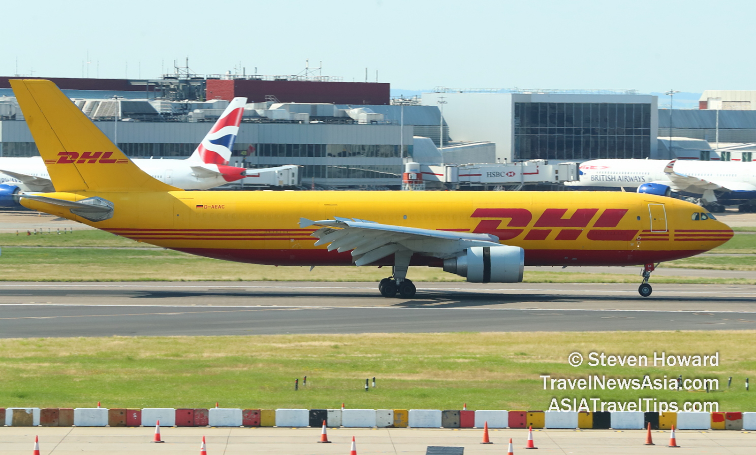 DHL Airbus A330 reg: D-AEAC at London Heathrow (LHR) in July 2021. Picture by Steven Howard of TravelNewsAsia.com Click to enlarge.