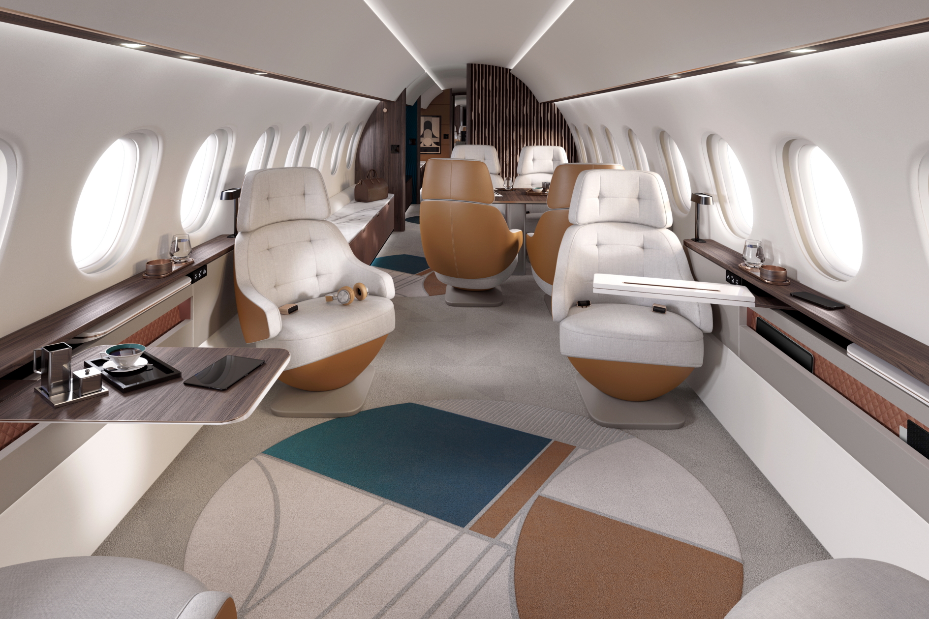 With a range of 7,500 nautical miles and a top speed of Mach 0.925, the Falcon 10X can fly nonstop from New York to Shanghai, Los Angeles to Sydney, Hong Kong to New York or Paris to Santiago. Click to enlarge.