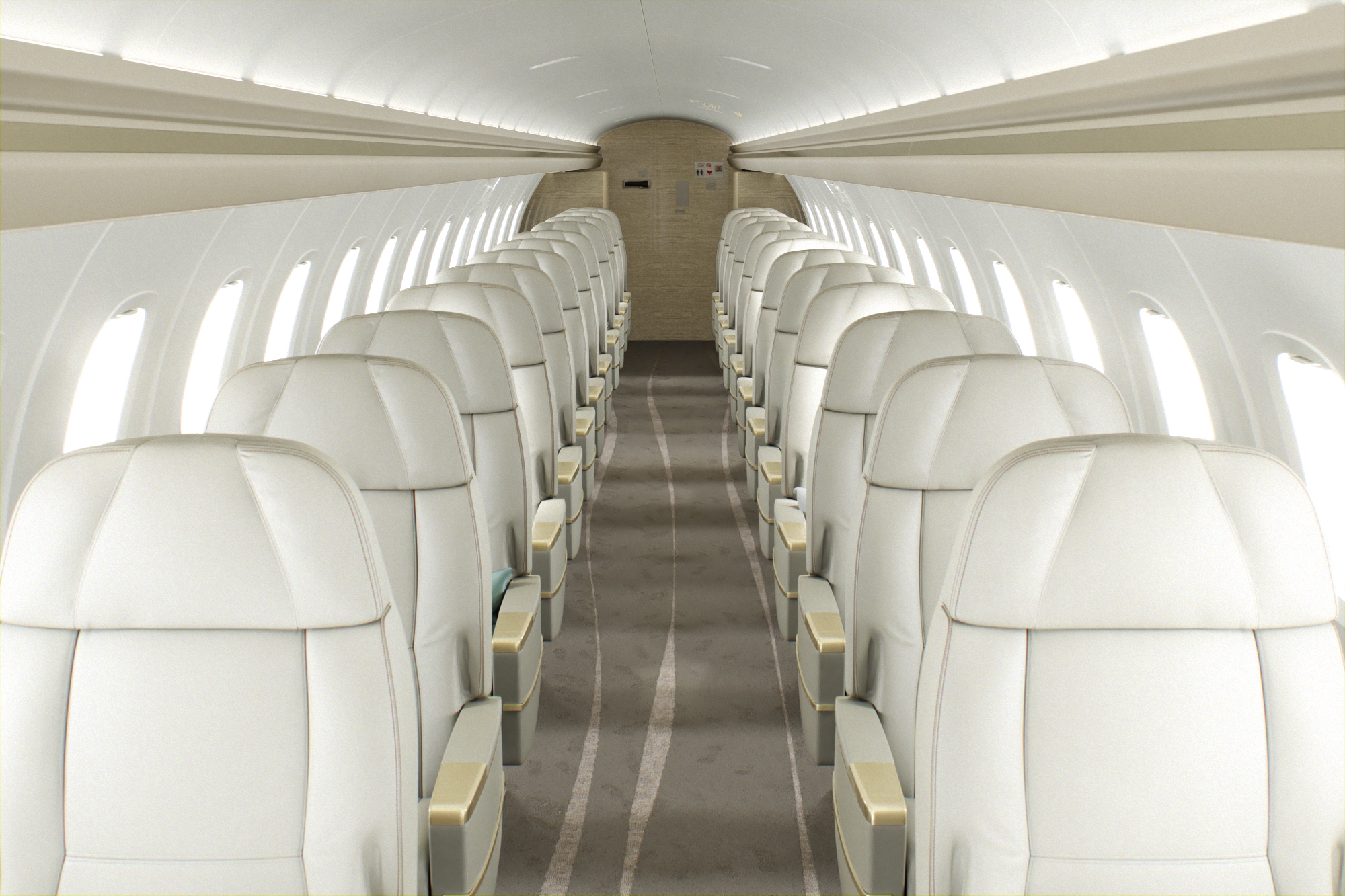The 50-seat ERJ145 aircraft can now be configured from 16 to 28 premium seats with one seat configuration on each side of the aisle, increasing social distancing and comfort. Click to enlarge.