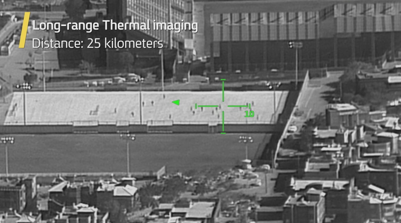 In recent flight tests that were conducted in Israel, the new system was able to produce high resolution imagery of a football game in MWIR channel from a distance of 25km. Click to enlarge.
