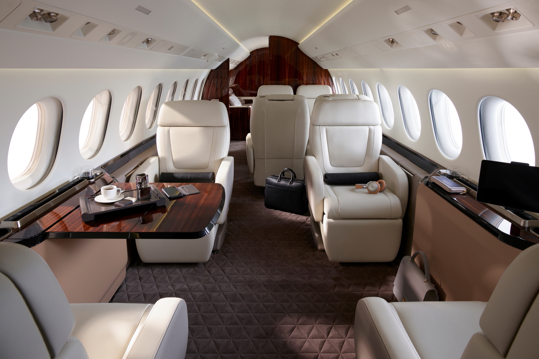 Dassault Aviation has upgraded the interior of its flagship aircraft, the ultra-long-range Falcon 8X. Click to enlarge.