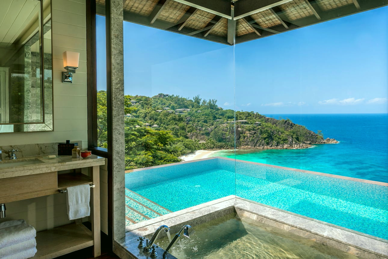 View from a Serenity Villa bathroom at the Four Seasons Resort Seychelles. Click to enlarge.