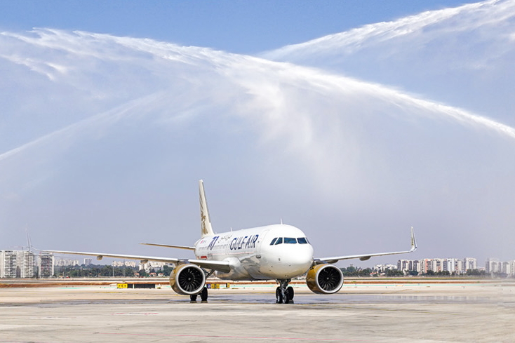 Gulf Air's inaugural flight to Tel Aviv’s Ben Gurion Airport was welcomed with a classic water cannon salute. Click to enlarge.