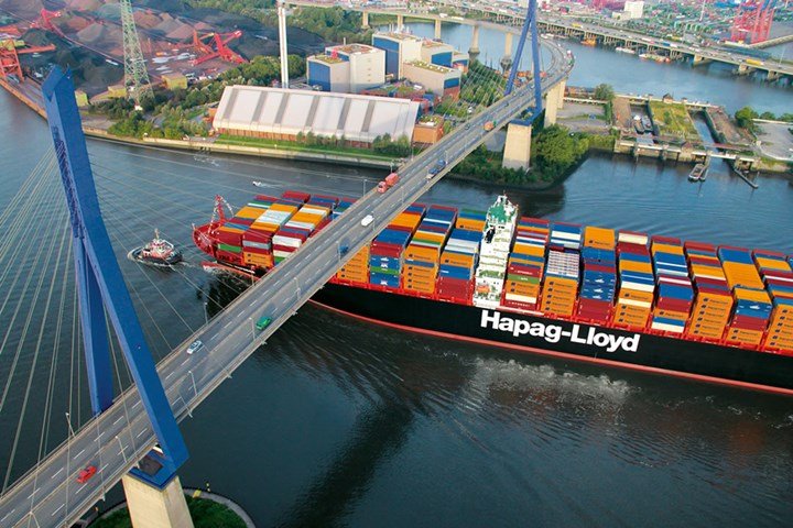 Hapag-Lloyd container ship passing under a bridge. Click to enlarge.