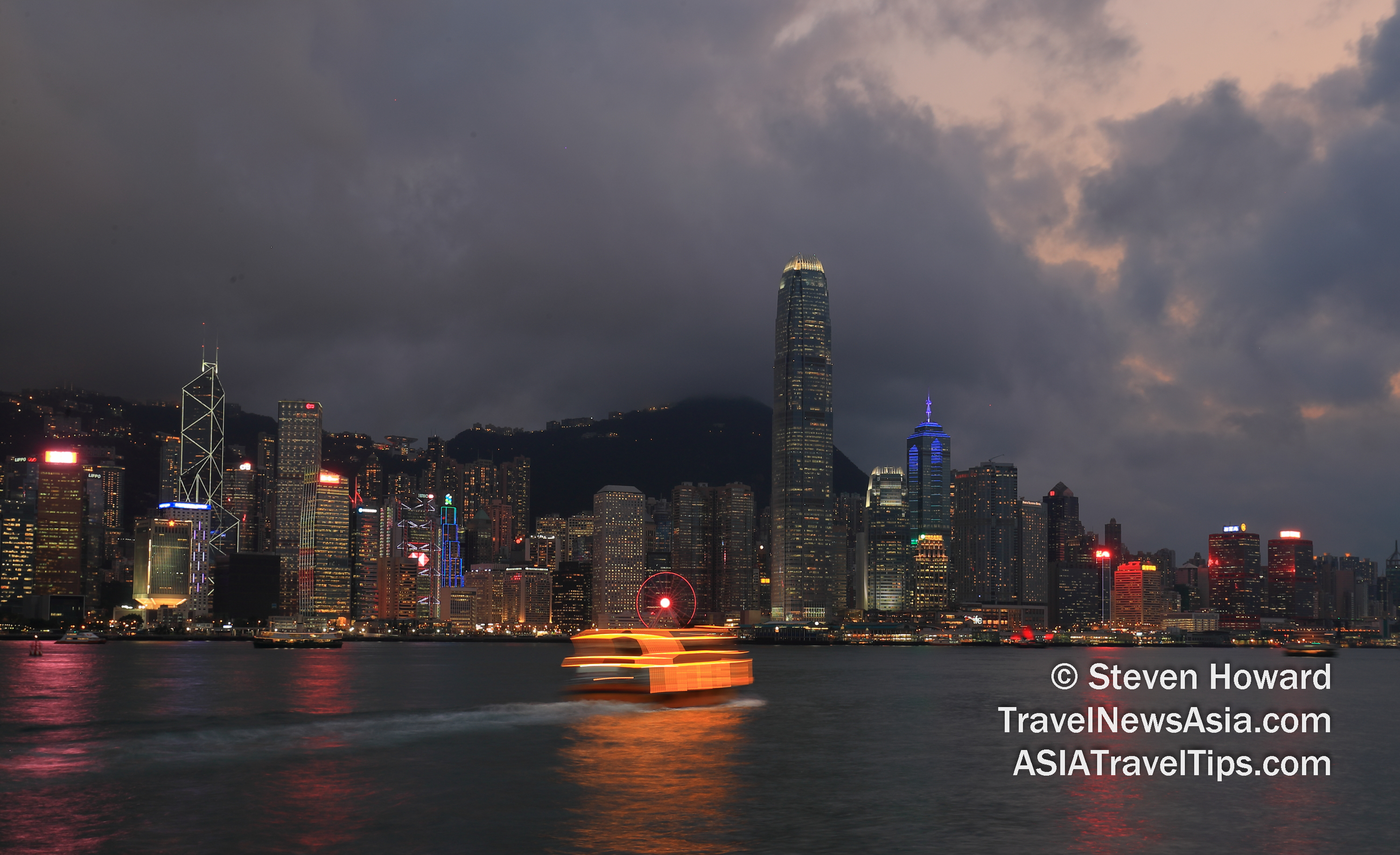 Victoria Harbour and Hong Kong Island as seen from TST waterfront at night. Picture by Steven Howard of TravelNewsAsia.com Click to enlarge.