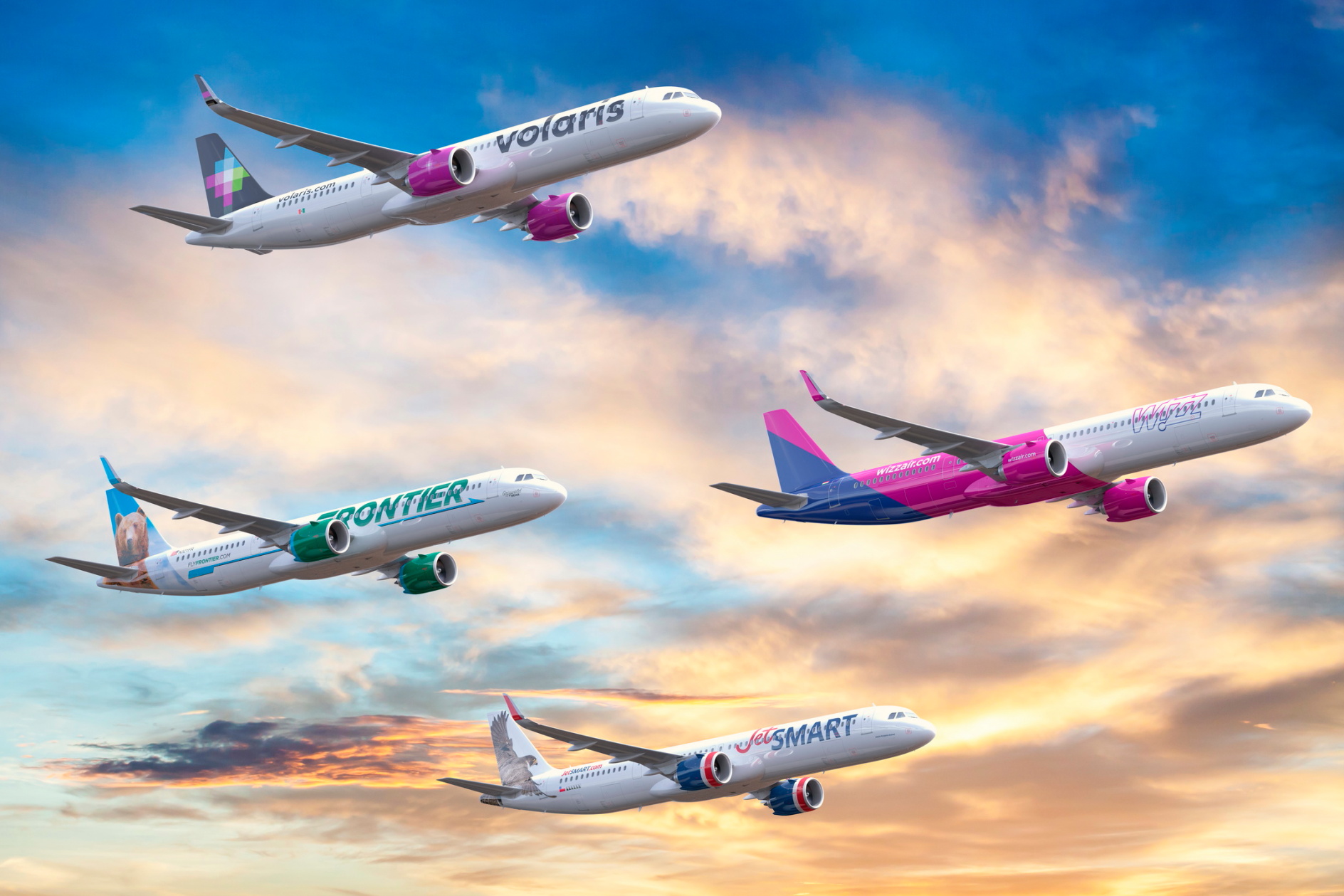 Indigo Partners portfolio airlines - Wizz Air (Hungary), Frontier (United States), Volaris (Mexico) and JetSMART (Chile, Argentina) - have ordered 255 Airbus A321neo Family aircraft under a joint agreement.. Click to enlarge.