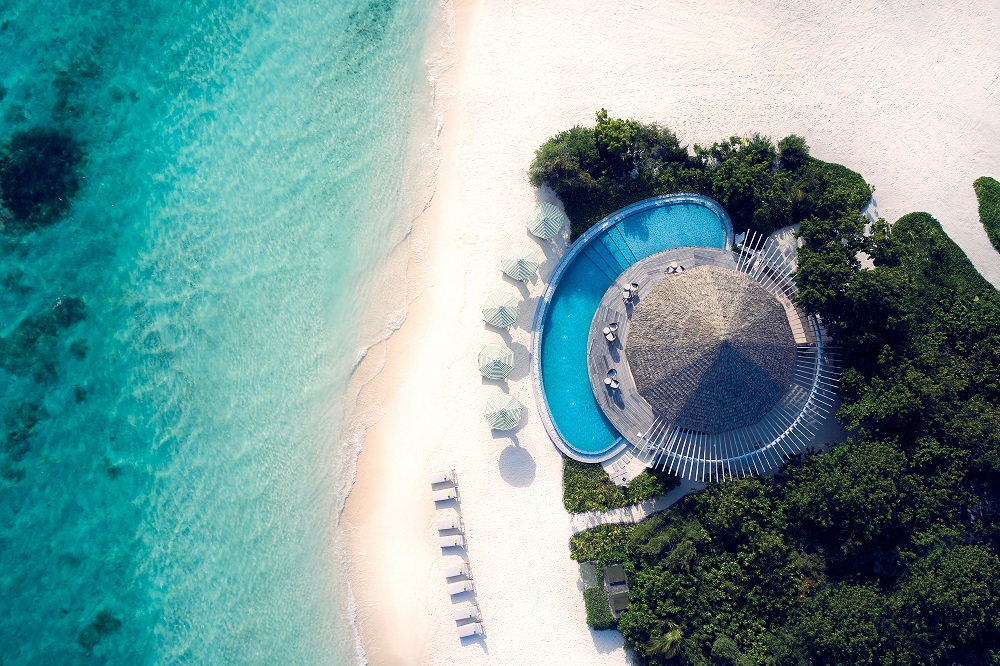 The 141-villa Le Méridien Maldives Resort & Spa is located in the Lhaviyani Atoll on Thilamaafushi, an island enveloped by a shimmering lagoon and coral reefs bursting with vibrant marine life, including pods of Manta Rays and turtles. Click to enlarge.