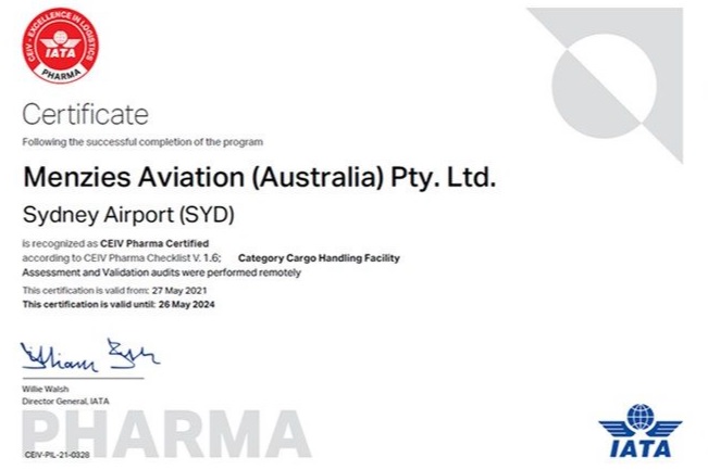 Menzies Aviation's cargo operations in Sydney has received the Center of Excellence of Independent Validators for Pharmaceutical Logistics accreditation (CEIV Pharma) Click to enlarge.