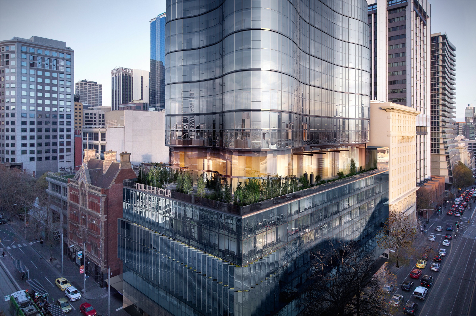 Situated at the meeting point of Spencer and Bourke Streets in the CBD, the 172-room Mövenpick Hotel Melbourne on Spencer will form the six-level podium of the striking 78-storey Elenberg Fraser architect-designed Premier Tower development. Click to enlarge.