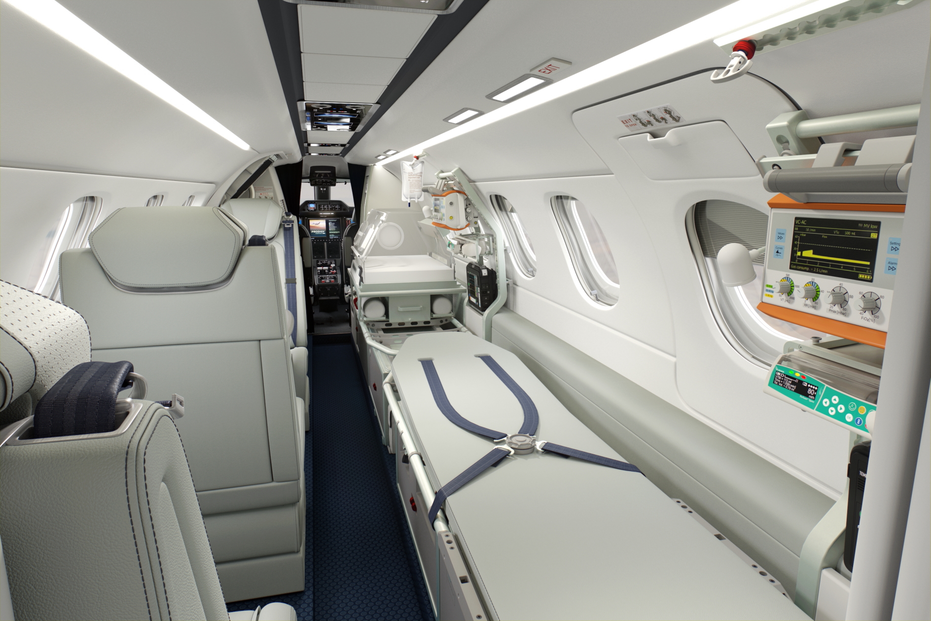 Phenom 300MED with Stretcher and Incubator. Click to enlarge.