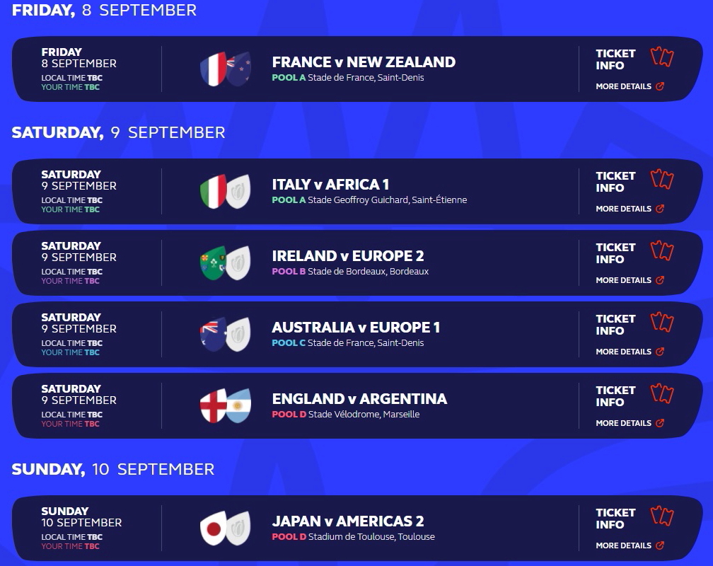 France will take on three-time RWC champions New Zealand in the opening match of the Rugby World Cup 2023 on 8 September. Click to enlarge.