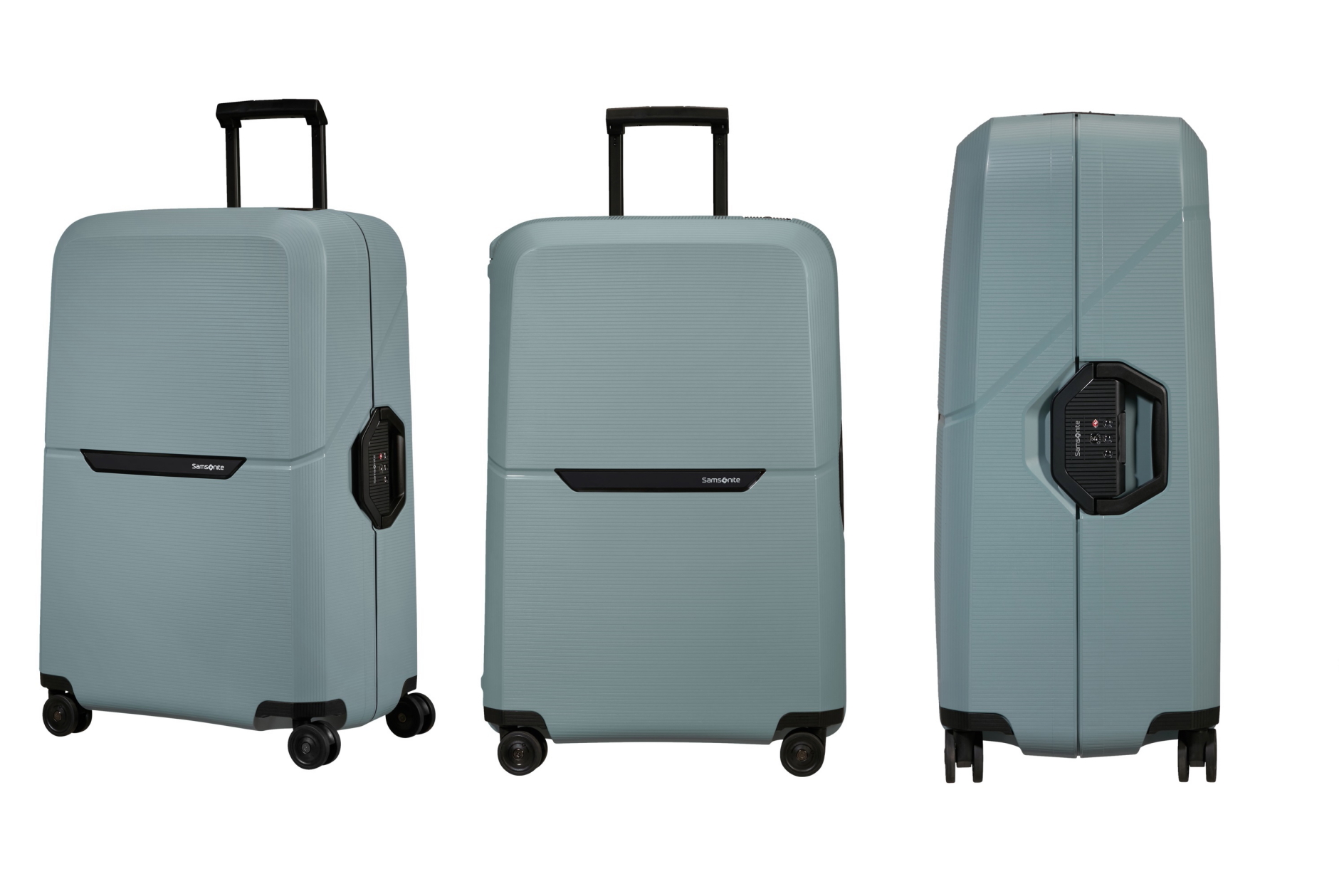 The Samsonite Magnum Eco Spinner (4 wheels) 75cm in 'Ice Blue' retails for £195 in the UK. It is also available in 55cm and 69cm sizes. Click to enlarge.