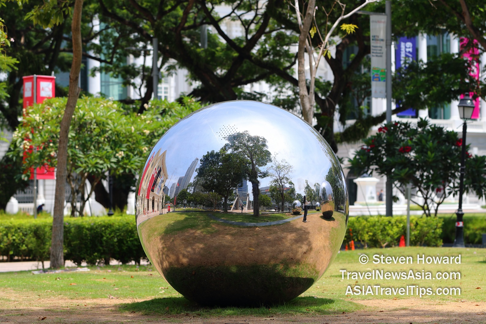 Large reflective balls on the grass outside the Museum of Ancient Civilisations in Singapore, one of the world's most dynamic cities. Picture by Steven Howard of TravelNewsAsia.com Click to enlarge.