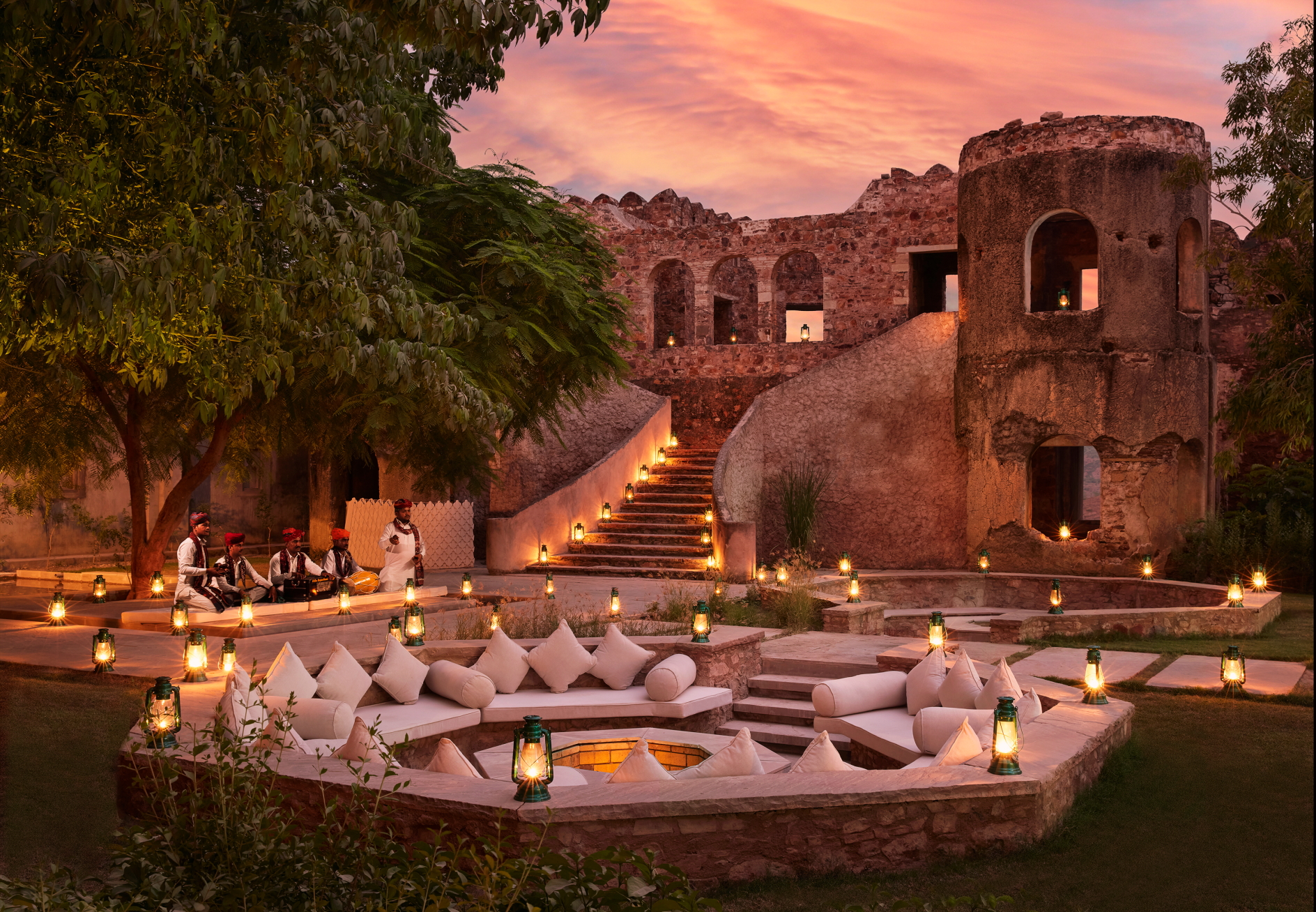 Originally owned by a Rajasthani Royal Family, the Six Senses Fort Barwara incorporates two original palaces and two temples within the walled fort. Click to enlarge.