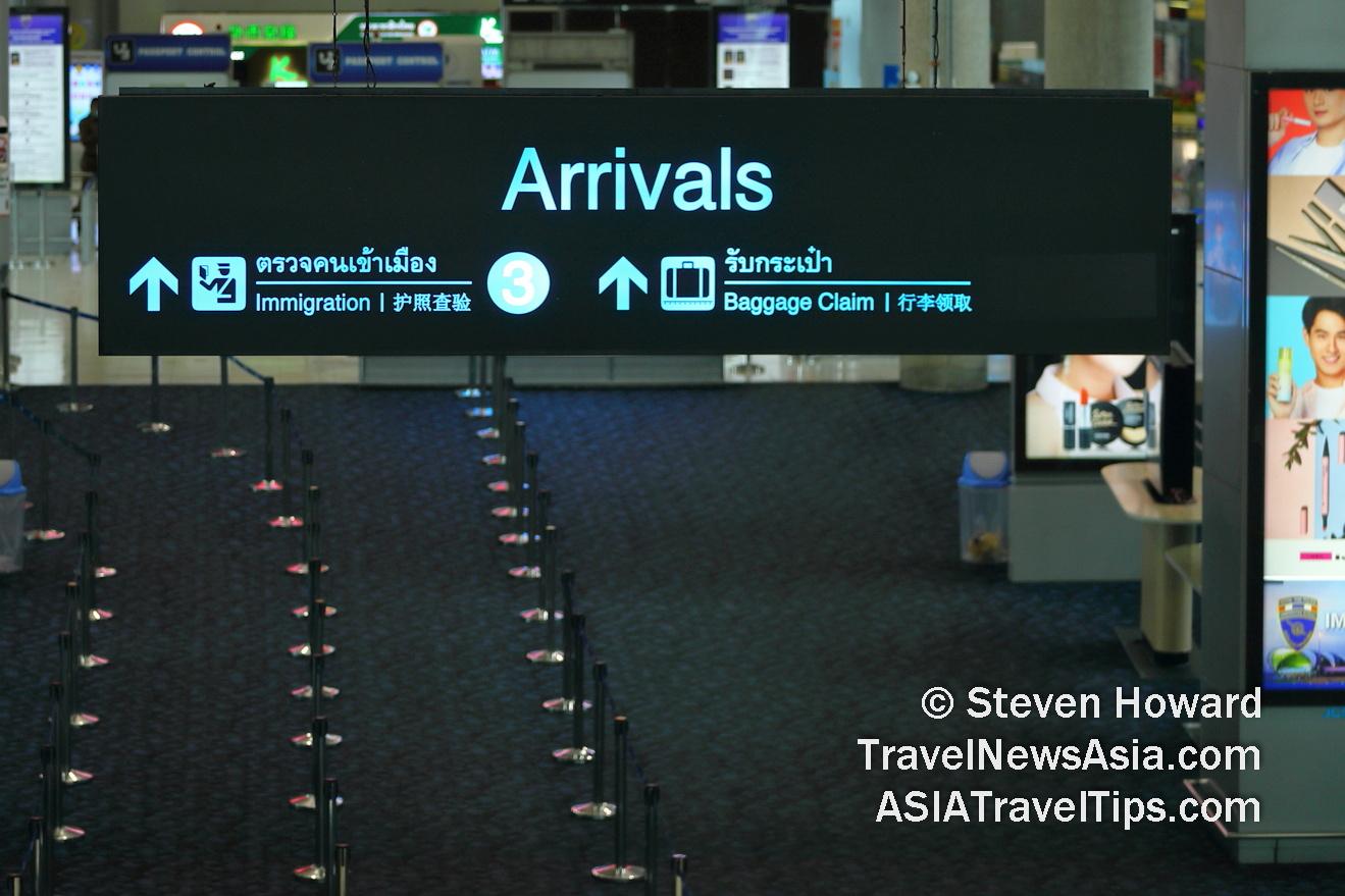 Arrivals sign at Suvarnabhumi Airport (BKK) near Bangkok. Thailand is expected to relax some of its entry requirements on 1 November. Picture by Steven Howard of TravelNewsAsia.com. Click to enlarge.