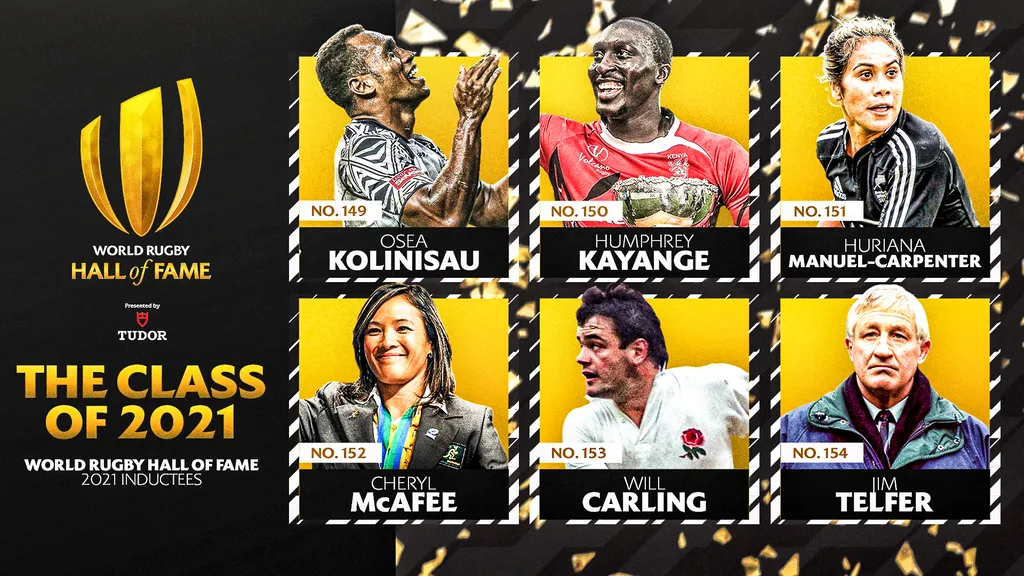 Osea Kolinisau (Fiji), Humphrey Kayange (Kenya), Huriana Manuel-Carpenter (New Zealand), Cheryl McAfee (Australia), Will Carling (England) and Jim Telfer (Scotland) are to be inducted into the World Rugby Hall of Fame this year. Click to enlarge.