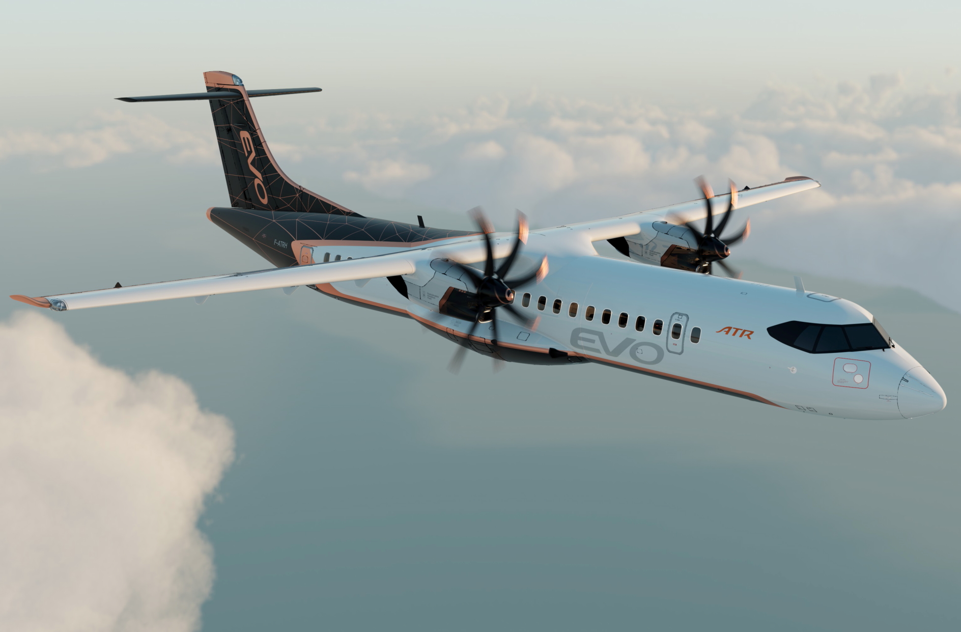 The ATR Evo will be a two-engine turboprop that can be powered by 100% SAF. Click to enlarge.