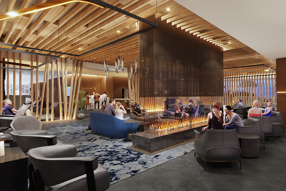A fireplace and natural wood add homely comfort to the DCA Admirals Club. Click to enlarge.