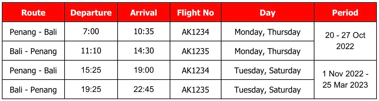 AirAsia Flight Schedule Between Penang and Bali (Denpasar)