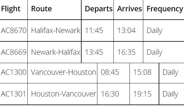 Air Canada Halifax-Newark and Vancouver-Houston Schedule