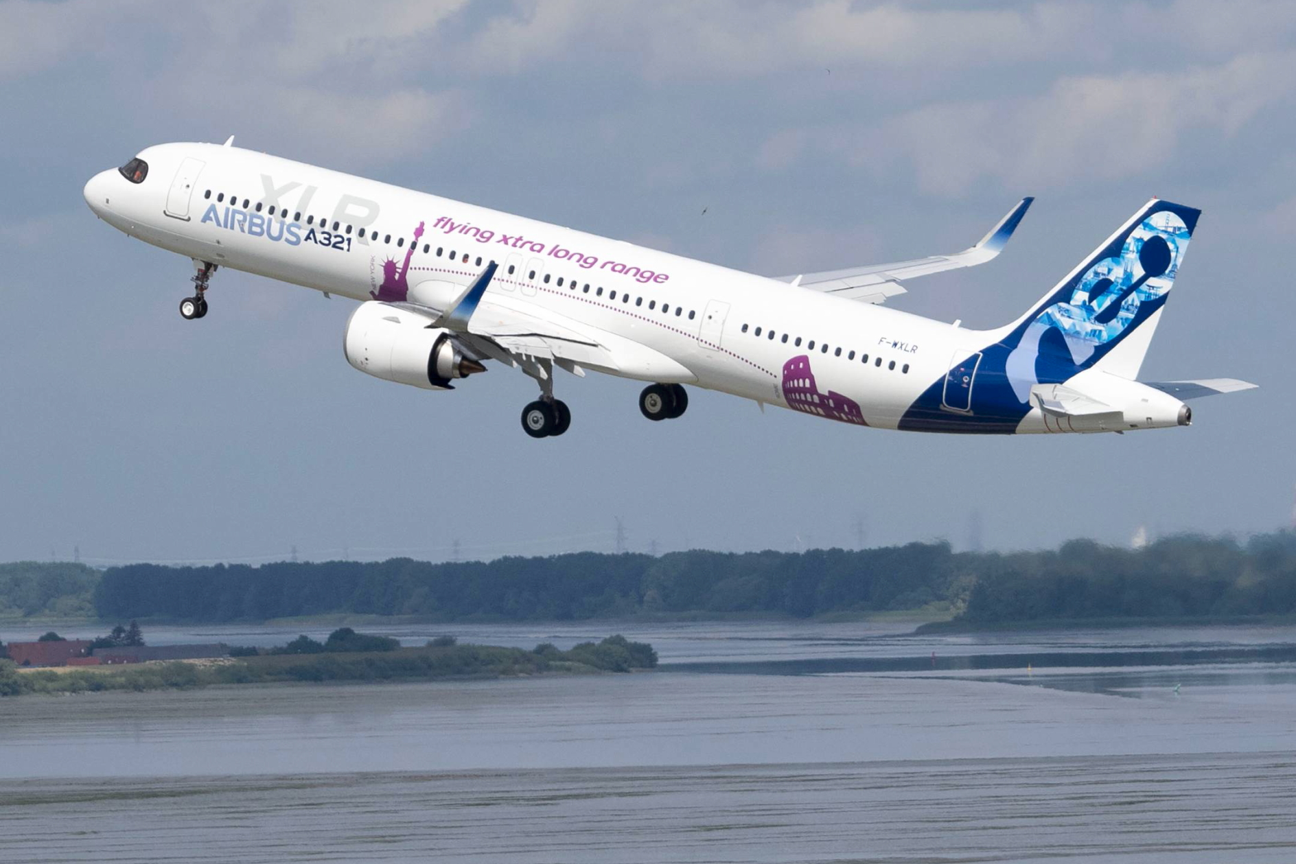 Airbus A321XLR takes off on maiden flight. Click to enlarge.