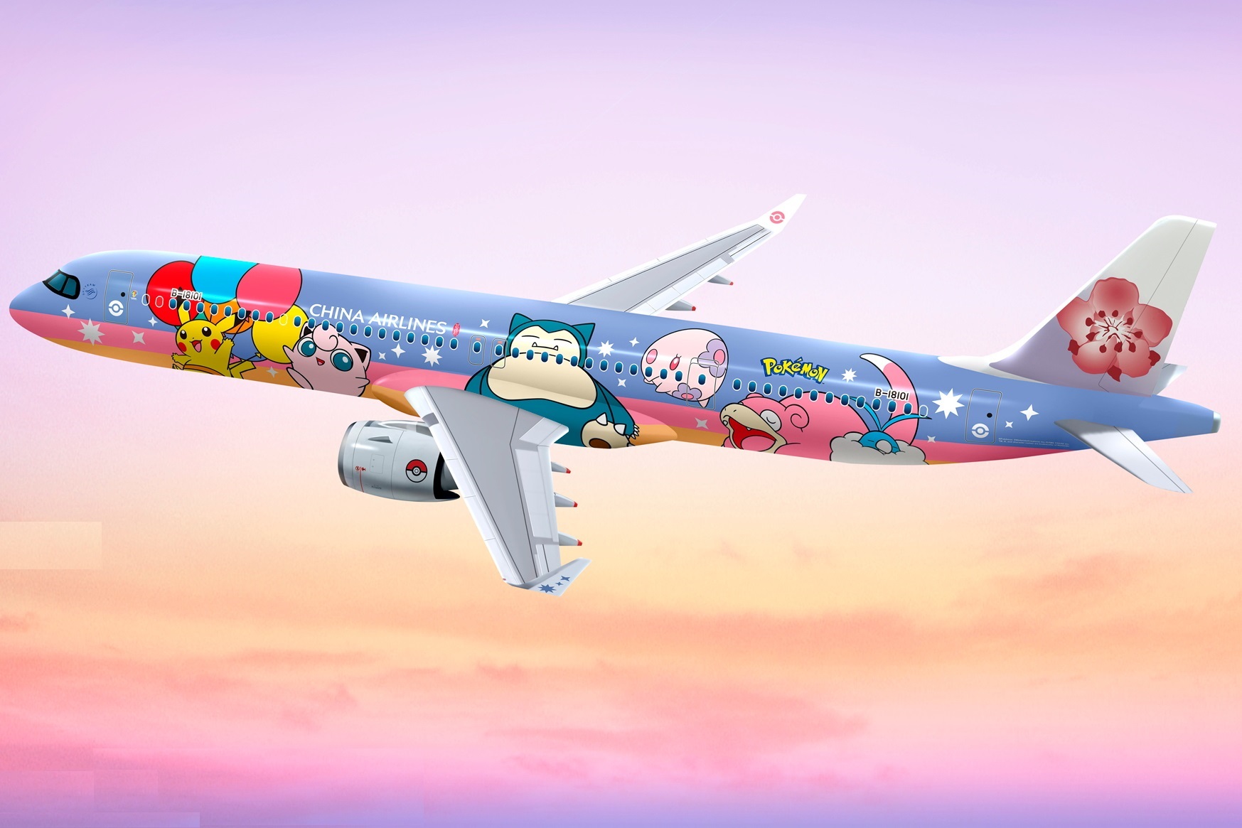 The custom livery was designed exclusively for China Airlines by The Pokémon Company. Click to enlarge.