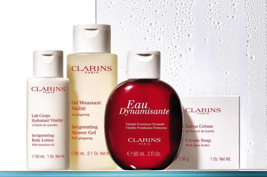 Clarins and Groupe GM have relaunched the Eau Dynamisante hotel line. Click to enlarge.