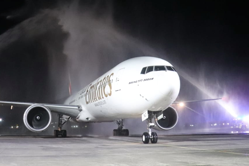 Emirates was welcomed back to Bali with a traditional water salute. Click to enlarge.