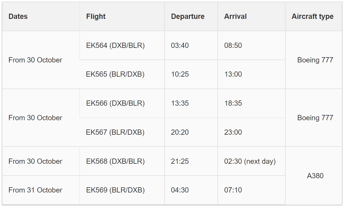 From 30 October, Emirates’ thrice daily flights to/from Bengaluru will operate as: