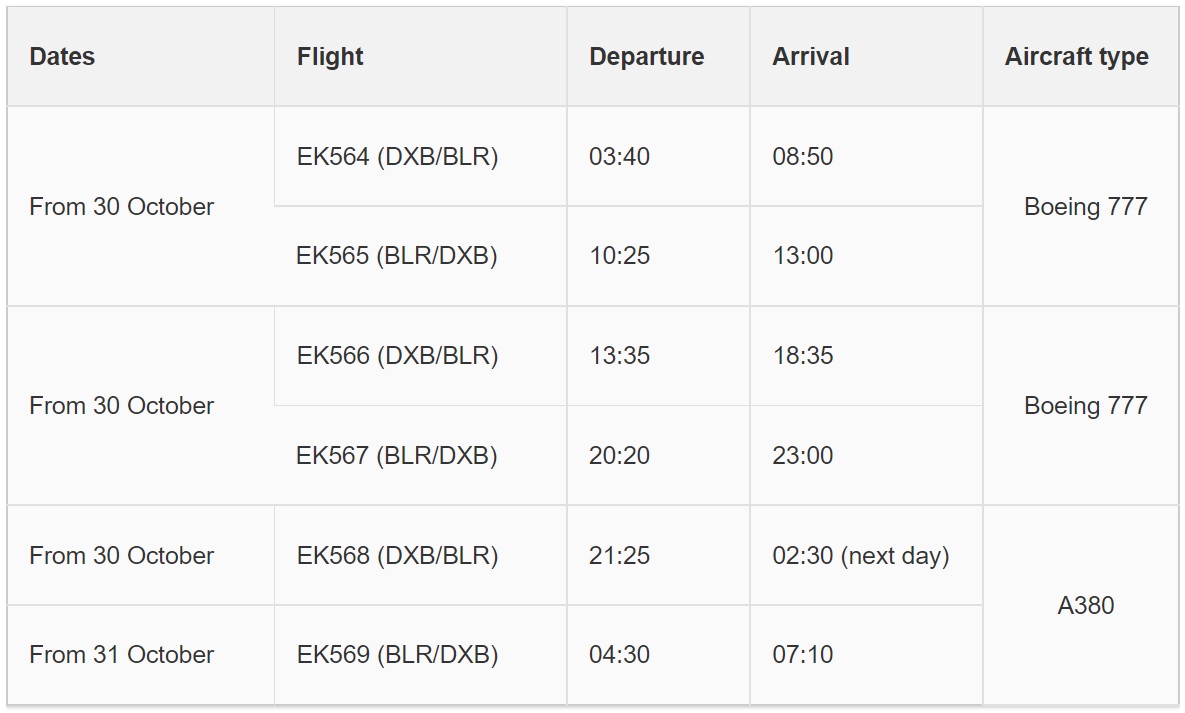 From 30 October, Emirates thrice daily flights to/from Bengaluru will operate as: