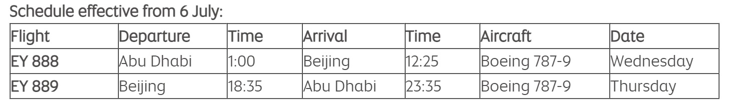 Etihad Airways Abu Dhabi - Beijing (PEK) Schedule