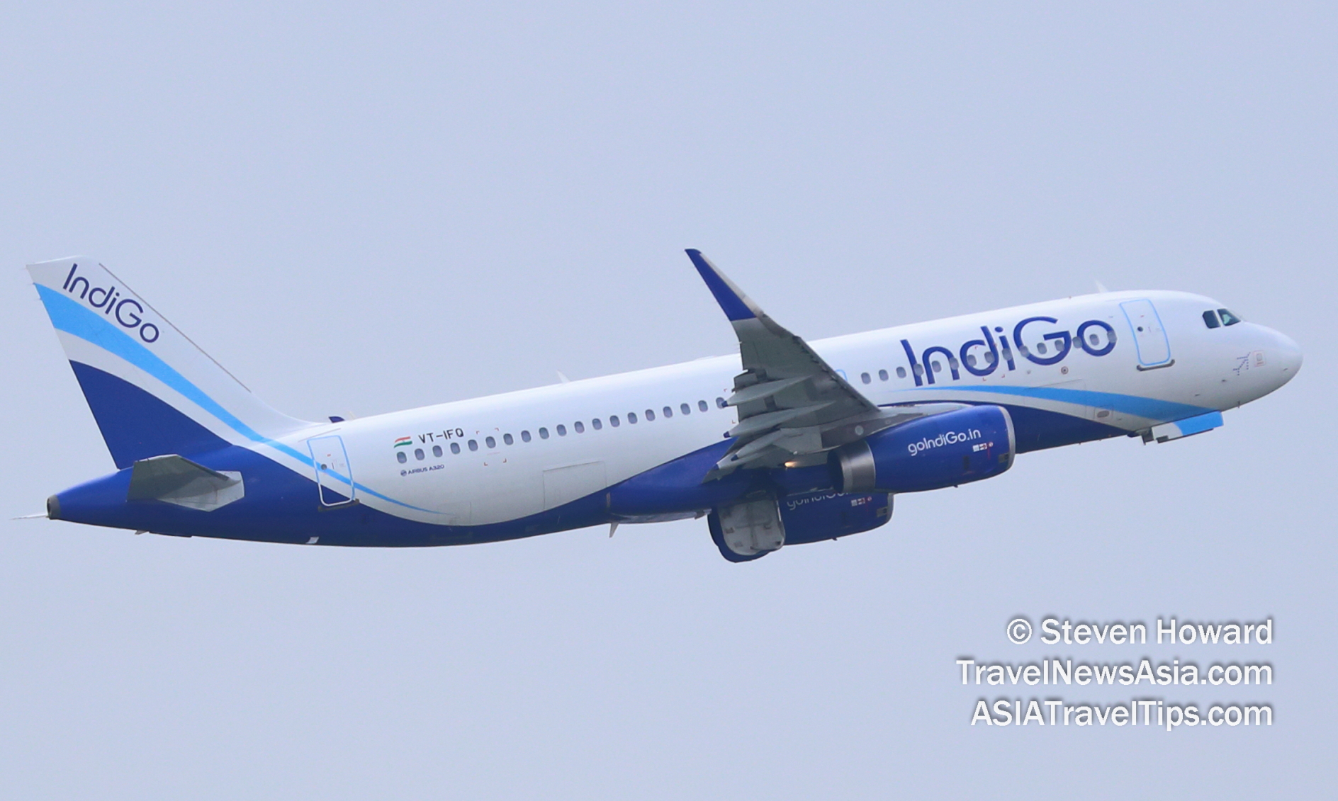 IndiGo Airbus A320 reg: VT-IFQ. Picture by Steven Howard of TravelNewsAsia.com Click to enlarge.