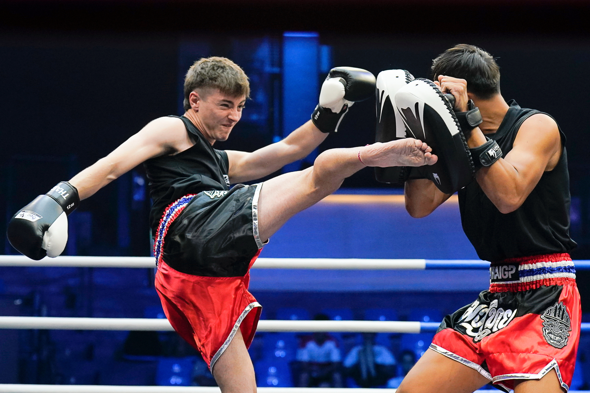 Izan Guevara learning Muay Thai ahead of the OR Thailand Grand Prix in Buriram (บุรีรัมย์). Click to enlarge.