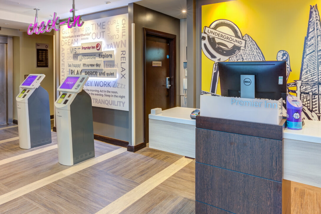 Modern reception of a Premier Inn hotel. Click to enlarge.