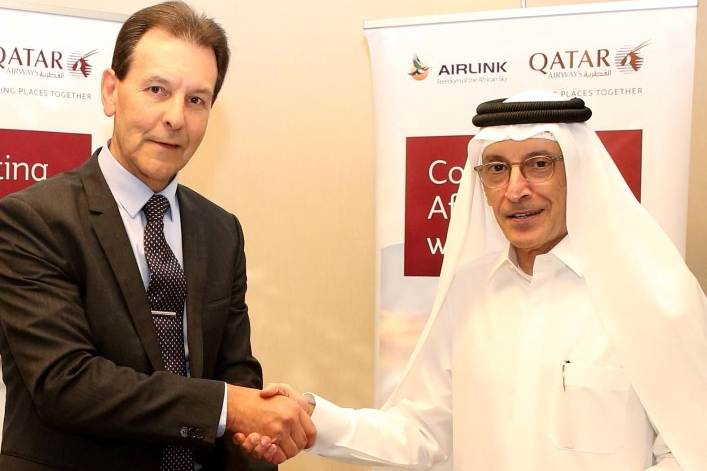 Rodger Foster, Airlink Chief Executive with Akbar al Baker, Qatar Airways Group Chief Executive. Click to enlarge.