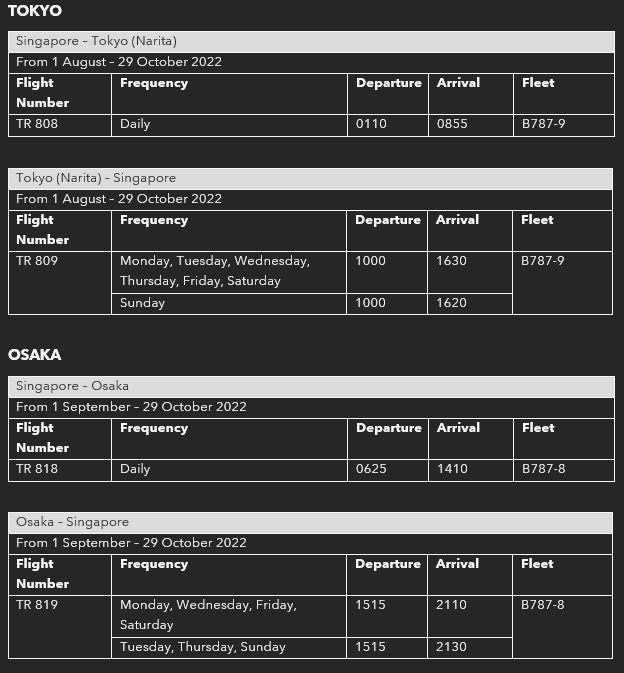 Scoot's schedule for flights between Singapore and Tokyo Naita and Osaka, Japan