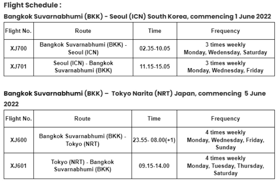 Thai AirAsia X's flight schedule from Suvarnabhumi (BKK) to Seoul (ICN) and Tokyo Narita (NRT)