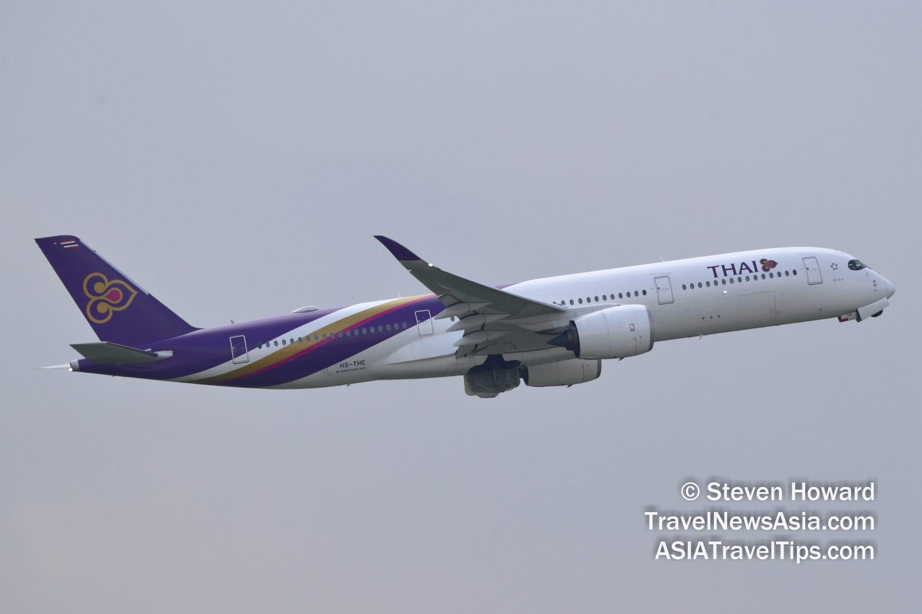 Thai Airways A350-900 reg: HS-THE. Picture by Steven Howard of TravelNewsAsia.com Click to enlarge.
