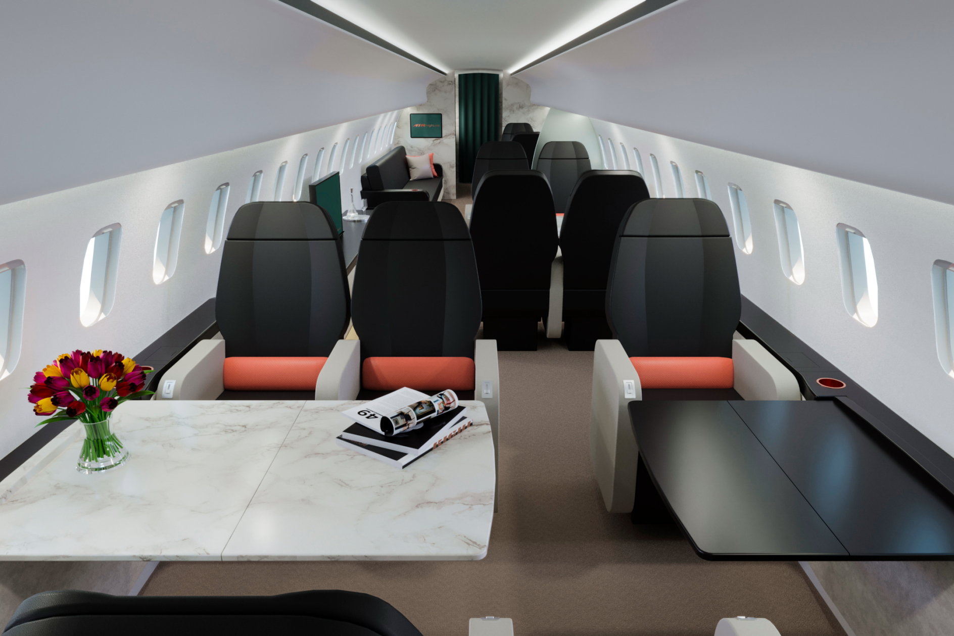 Bespoke luxury onboard an ATR aircraft. Click to enlarge.