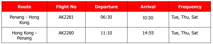 AirAsia Flight Penang (PEN) - Hong Kong (HKG) Schedule