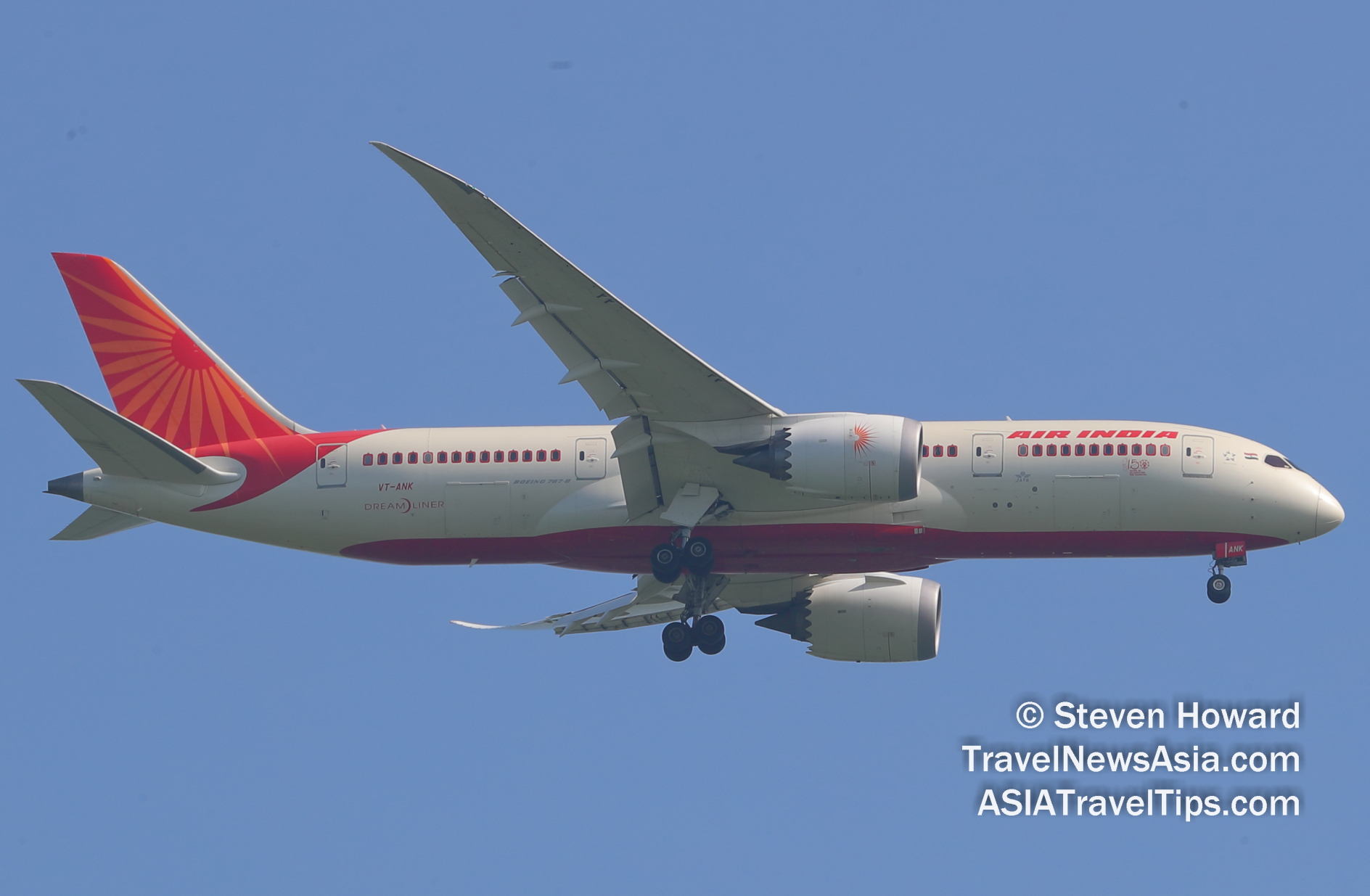 Air India Boeing 787-8 reg: VT-ANK. Picture by Steven Howard of TravelNewsAsia.com Click to enlarge.