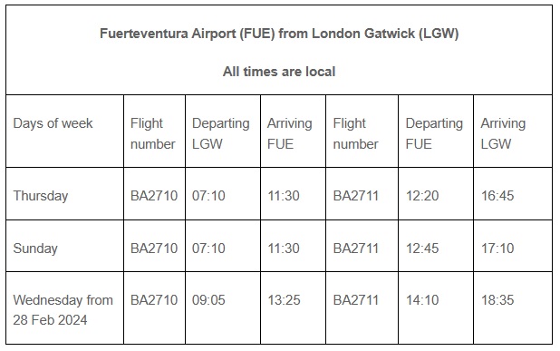 BA Euroflyer LGW - FUE Schedule