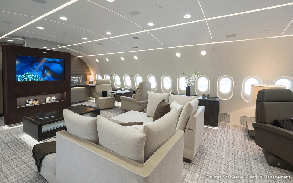Luxury onboard a wide-body Boeing Business Jet as envisioned by Kestrel Aviation Management. Click to enlarge.