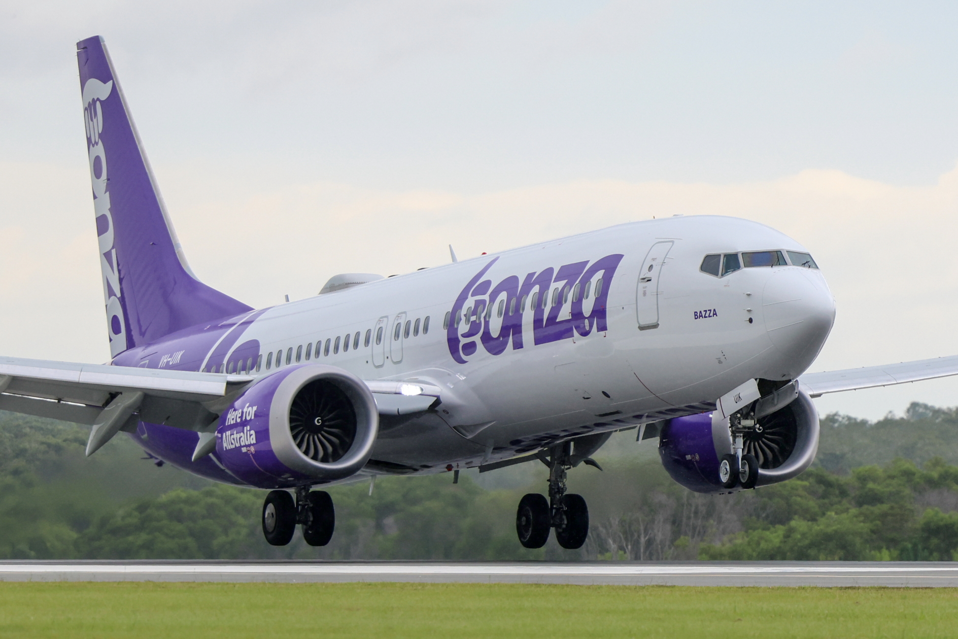 Bonza Boeing 737 Max 8 'Bazza' at Sunshine Coast Airport in Australia. Click to enlarge.